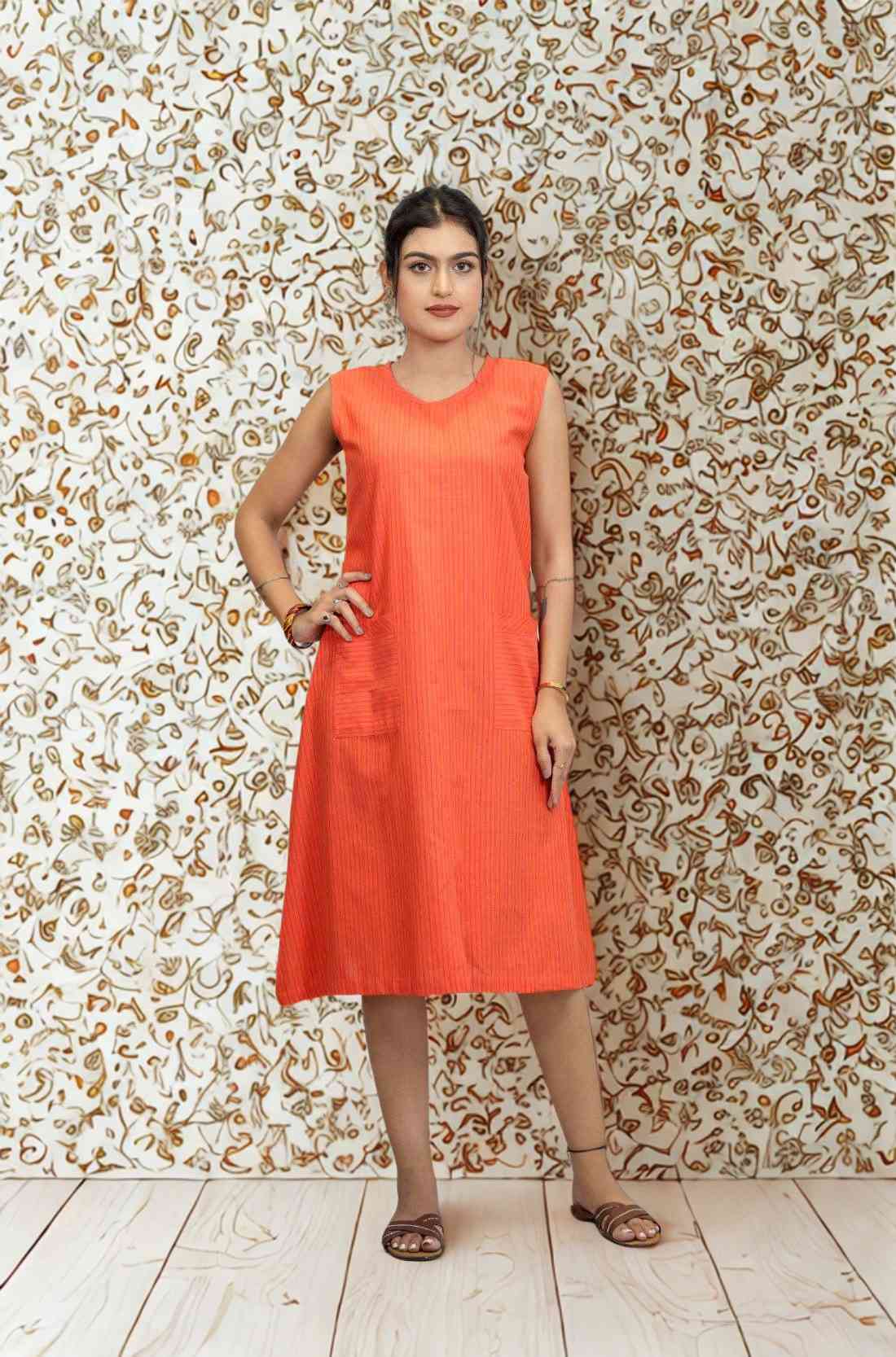 Full View – Sleeveless Orange A-Line Kurta with Pocket Detailing