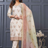 Beige pastel kurta set with scalloped embroidery main image