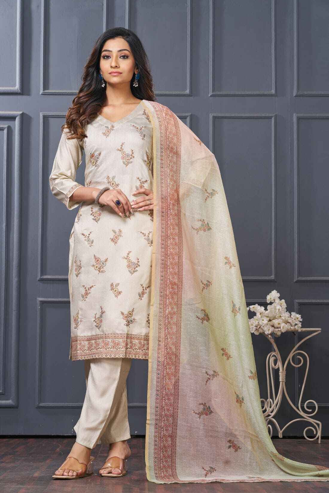 Beige pastel kurta set with scalloped embroidery main image