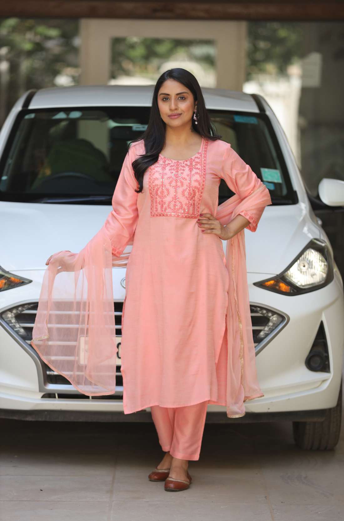 Peach Embroidered Cotton Kurta Set with Dupatta – Front View