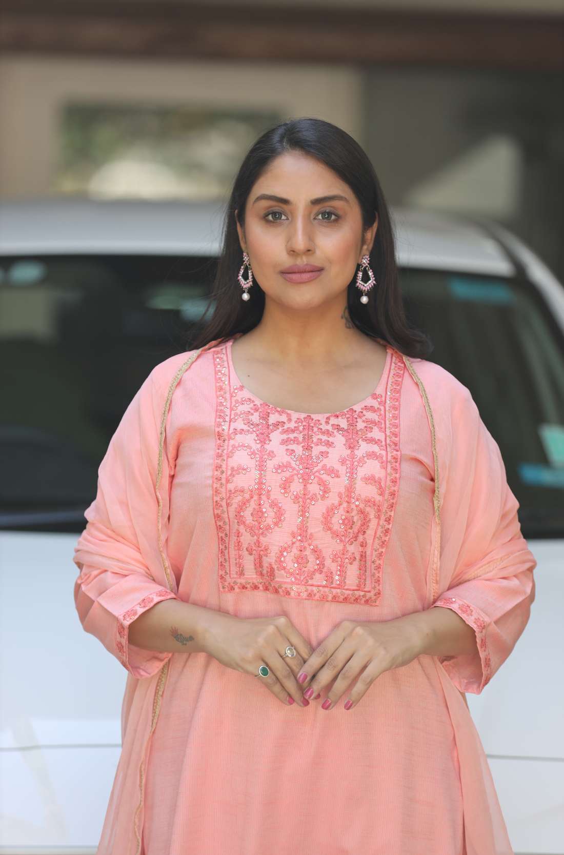 Embroidery Detailing on Peach Kurta Set – Close-Up