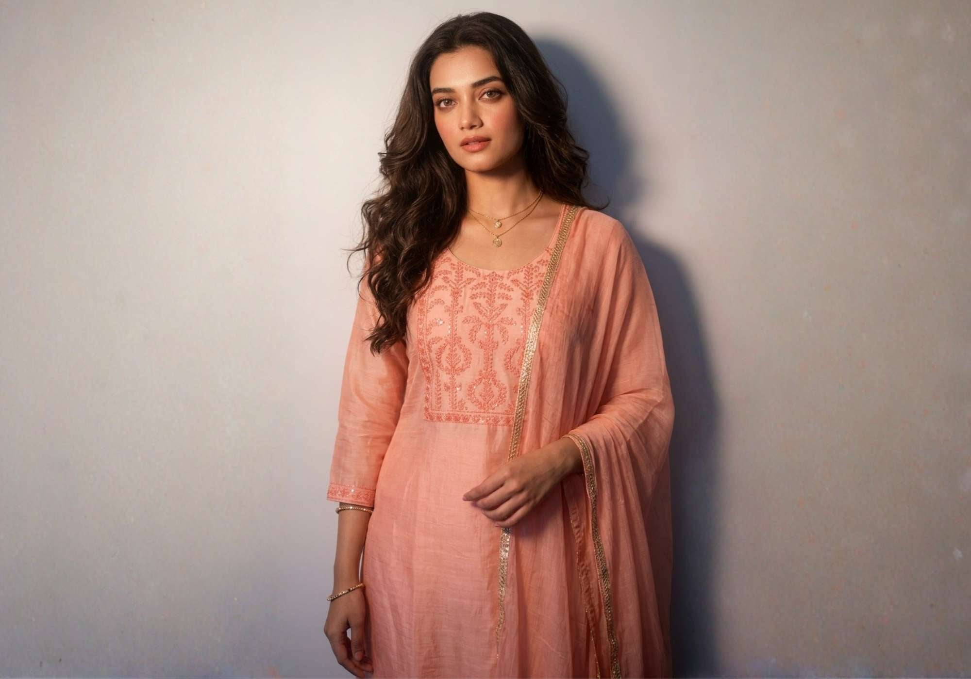 Model wearing a peach ethnic kurta set featuring intricate tonal floral embroidery on the front yoke, a round neckline, three-quarter sleeves, and a matching peach dupatta with a delicate golden border.