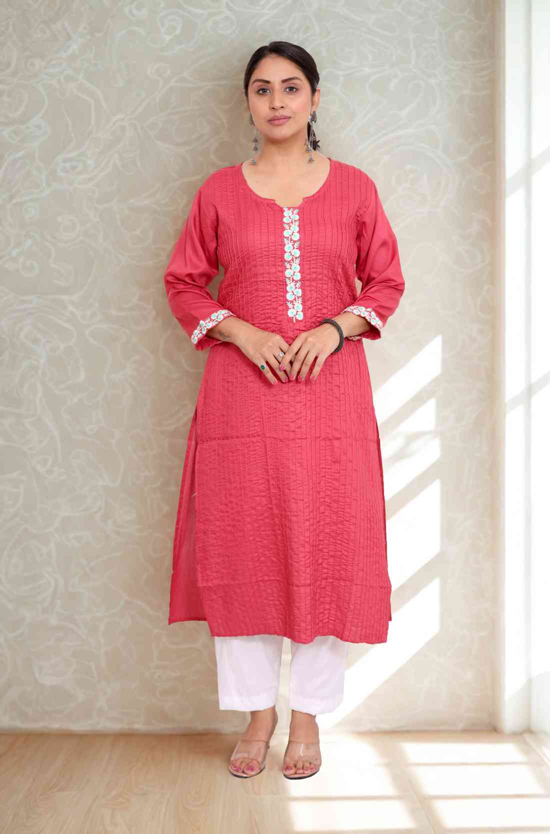 Pintucks embroidered kurta