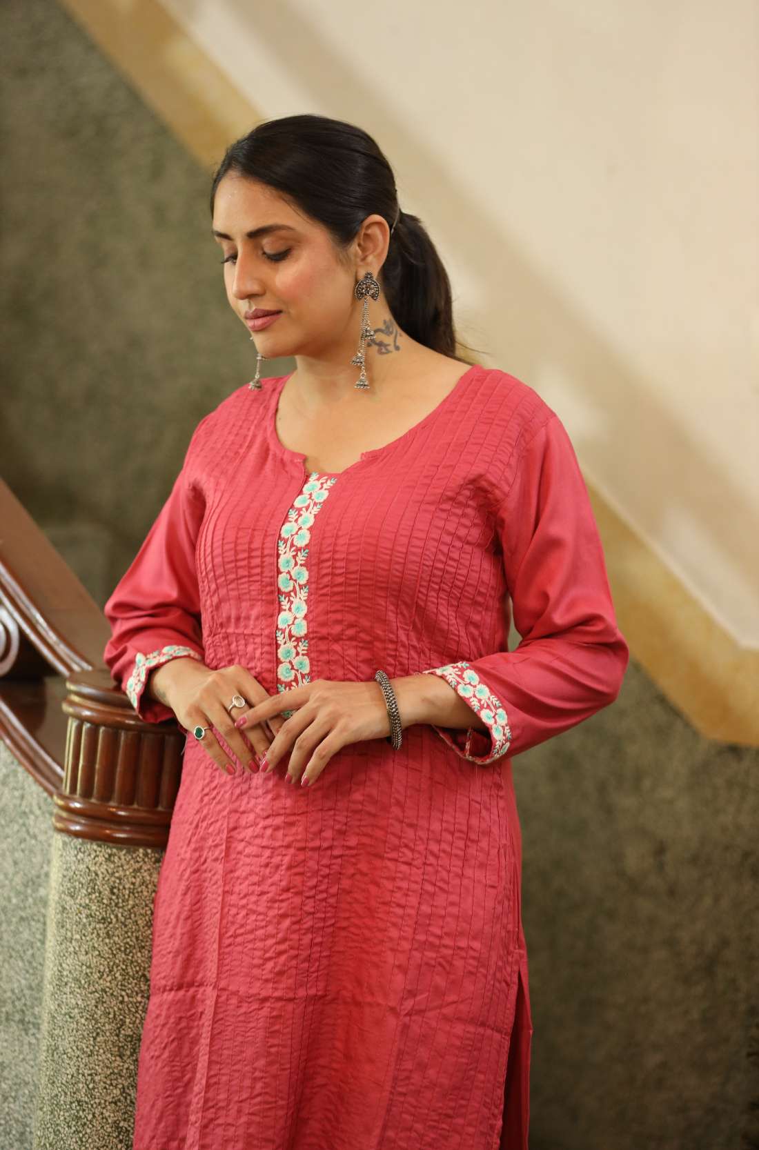 Pintucks embroidered kurta