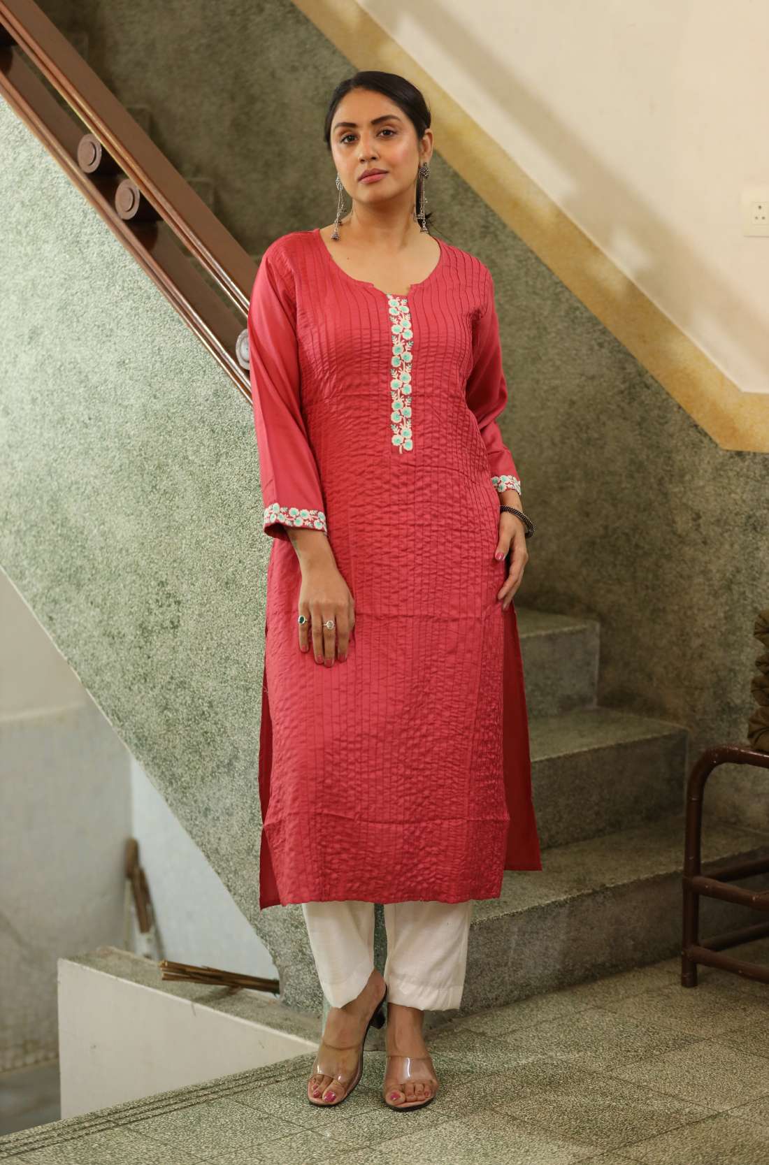 Pintucks embroidered kurta