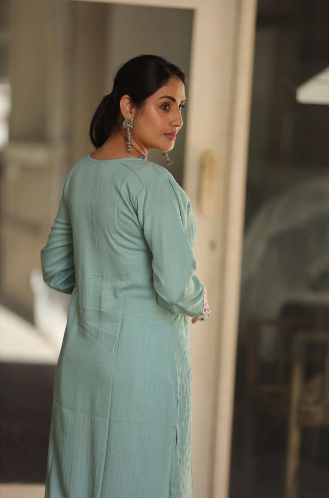 Light Sea Green Muslin Flared Kurti – Back View