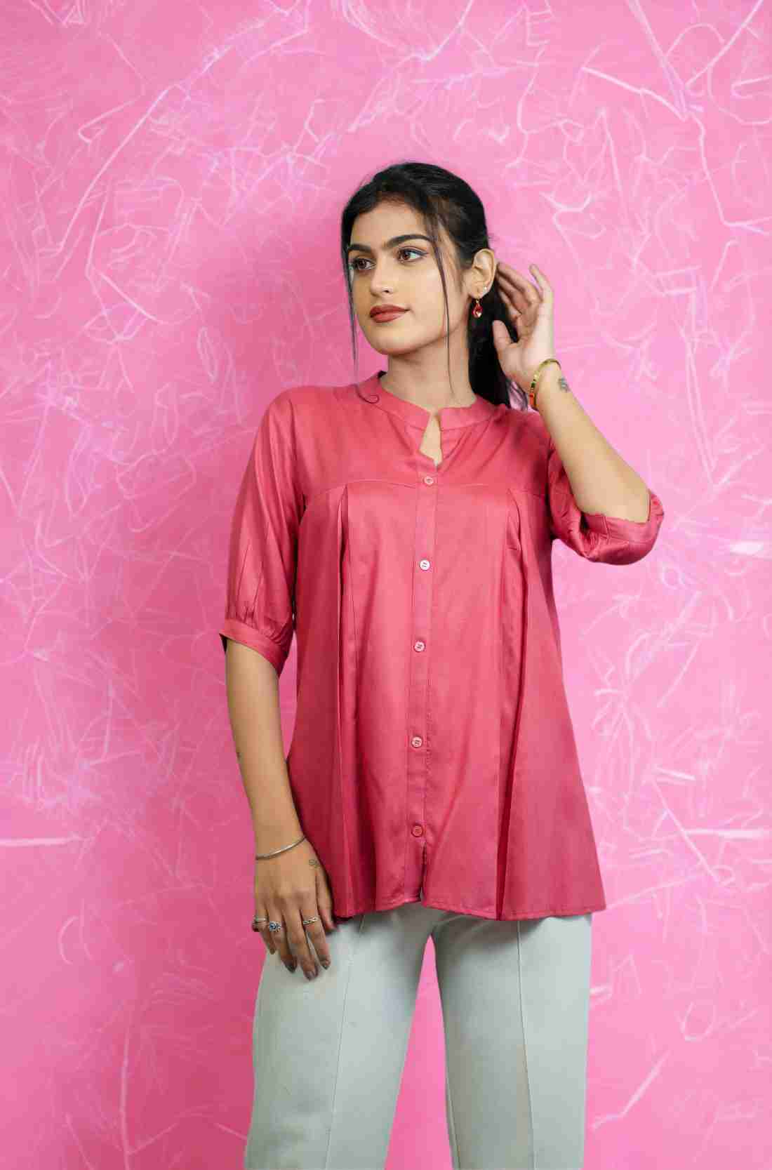 Dark Peach Rayon Pleated Shirt – Front View