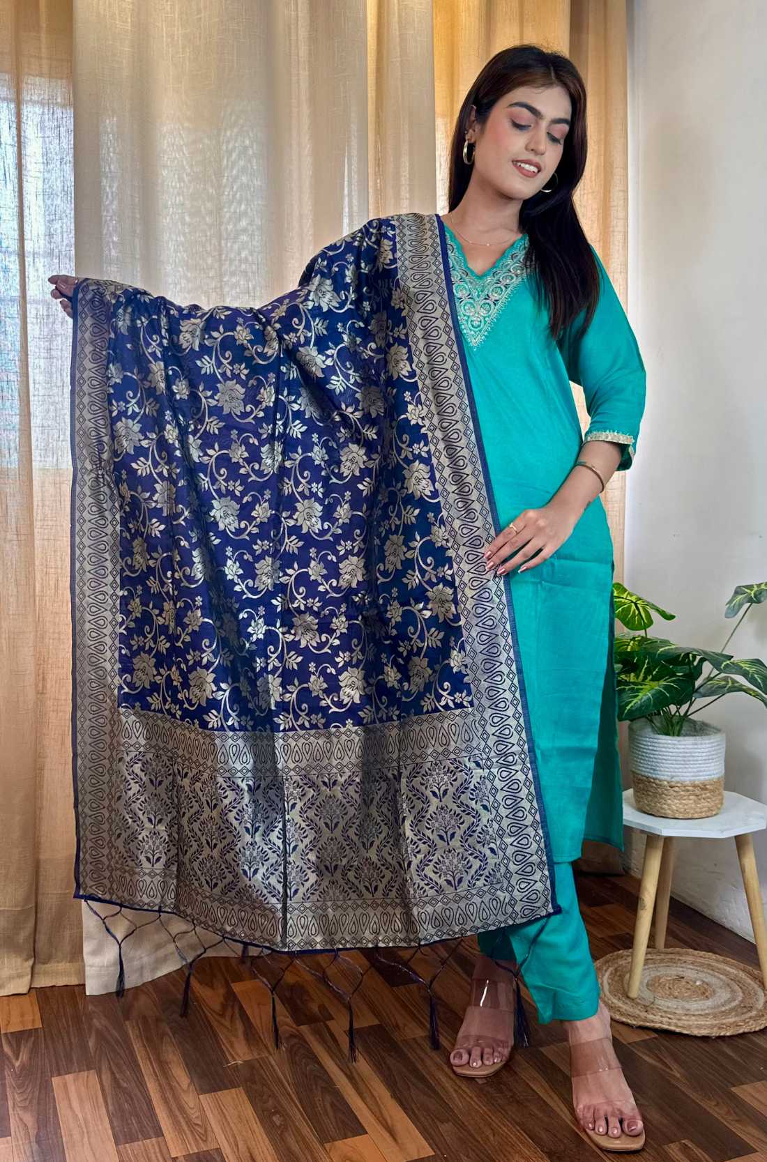 Rama Green Embroidered Rayon Kurta Set with Dupatta – Front View