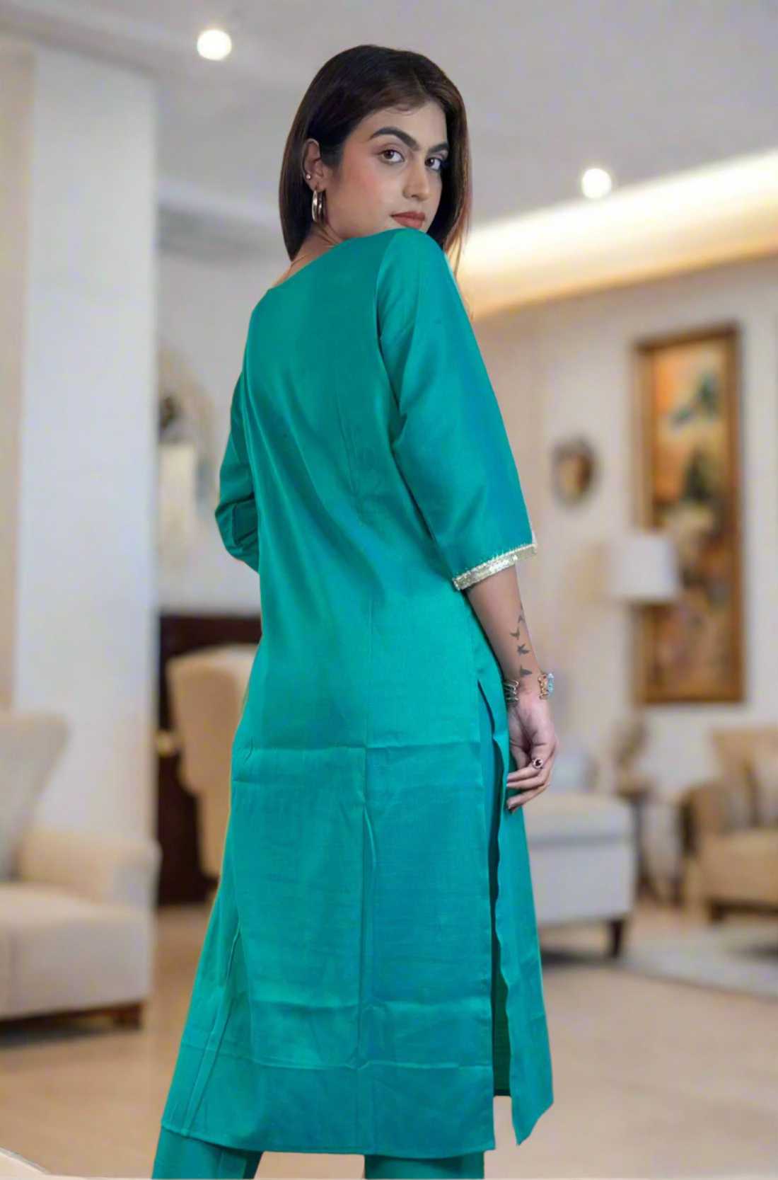 Rama Green Embroidered Kurta Set – Back View