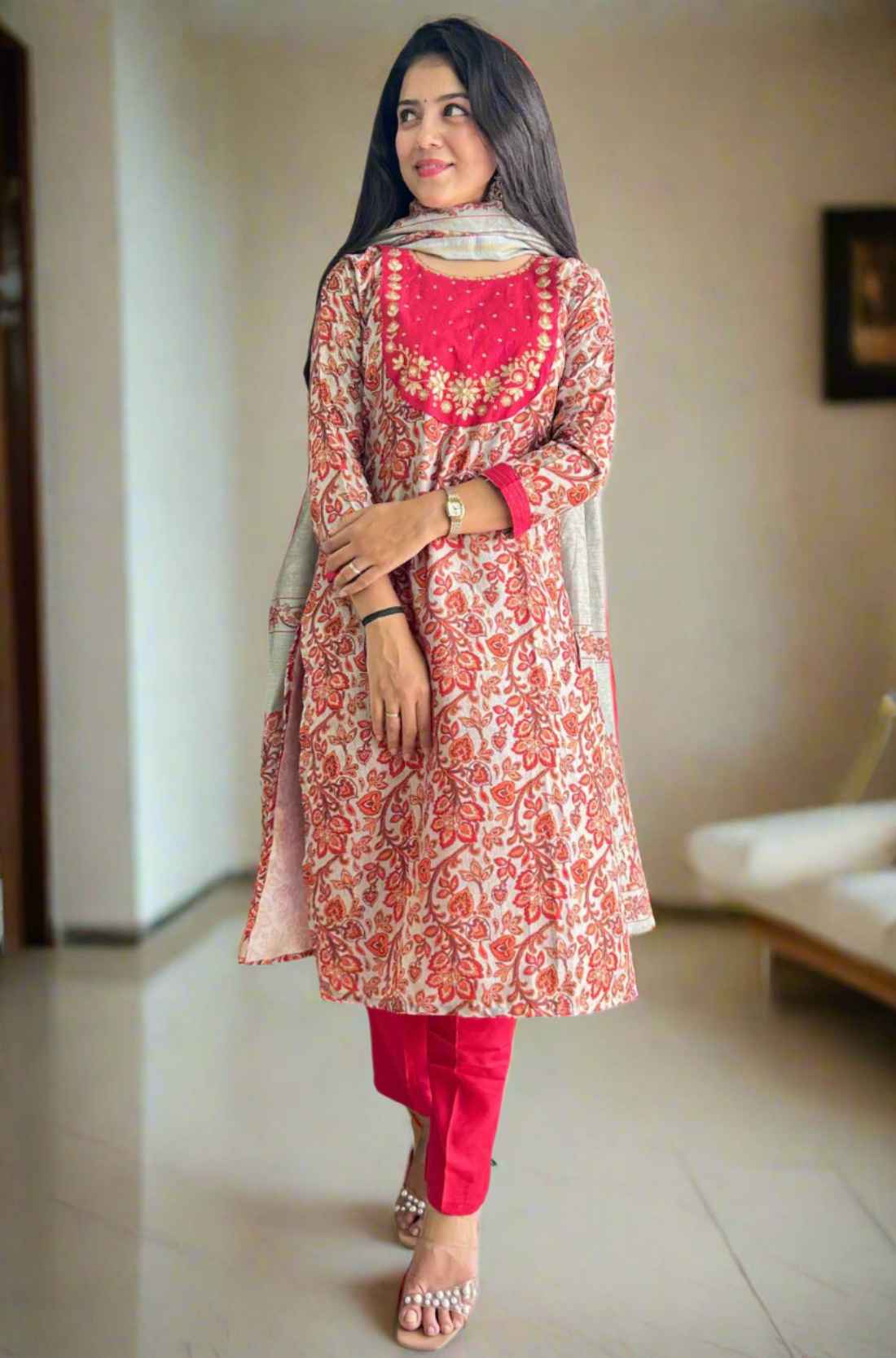 Front view of red Pashmina silk kurta set with dupatta.