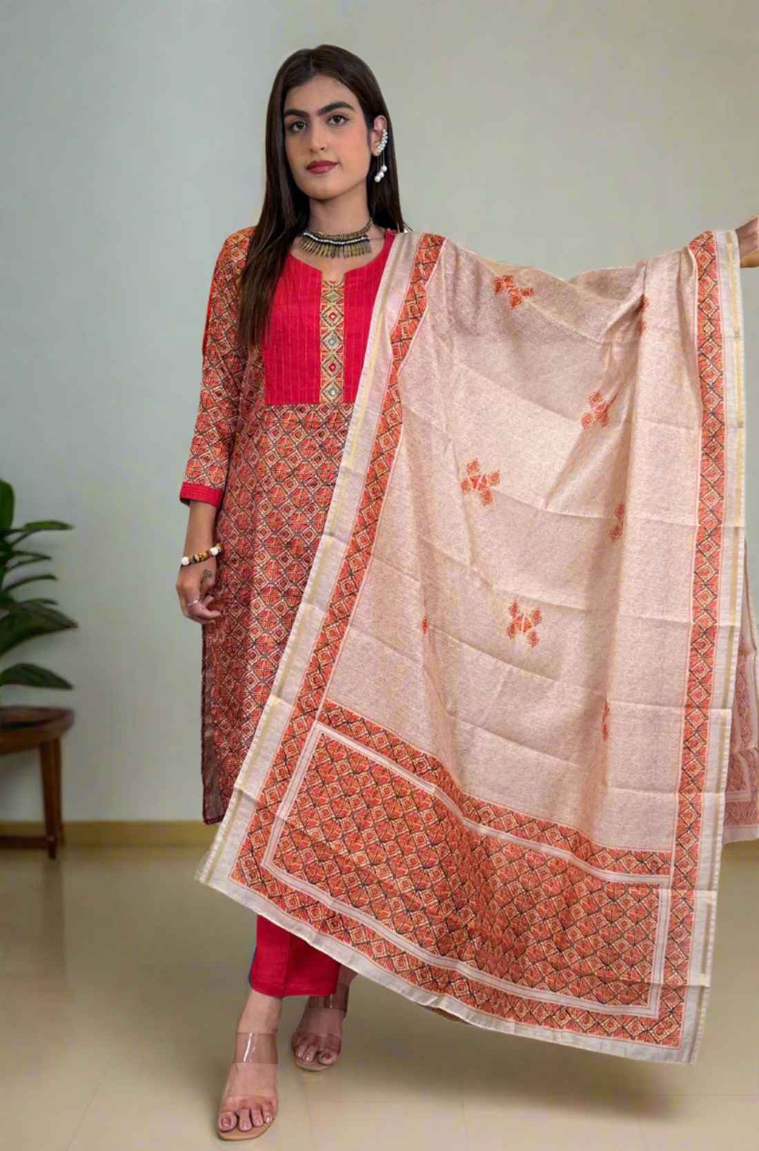 Full Front View with Dupatta and Heels – Pashmina Silk Kurta Set