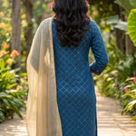 Back view of the royal blue anti-crease crepe kurta set showing the straight-fit silhouette, matching trousers, and elegant gold lycra dupatta with tassel detailing.