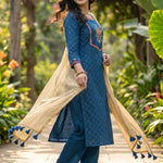 Side profile of the royal blue crepe kurta set showing straight silhouette, matching pants and elegant styling.
