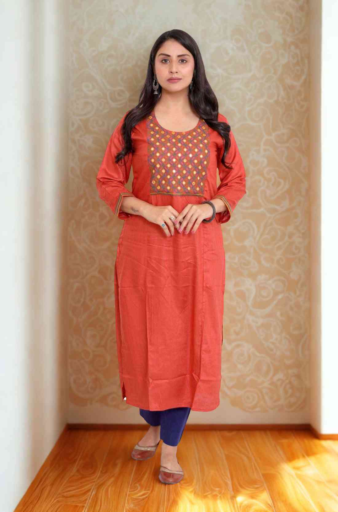 Rust Embrodered Straight Kurta – Full-Length View