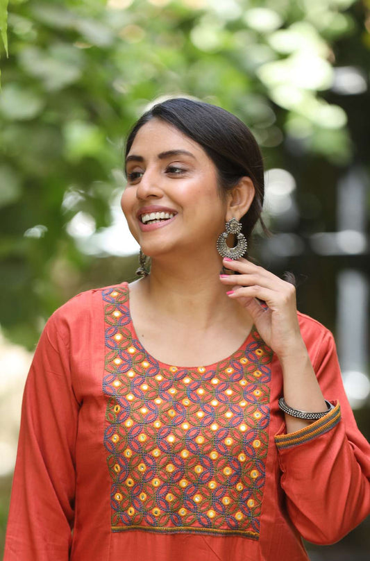 Rust Cotton Blend Kurta with 3/4 Sleeves – Close-up View