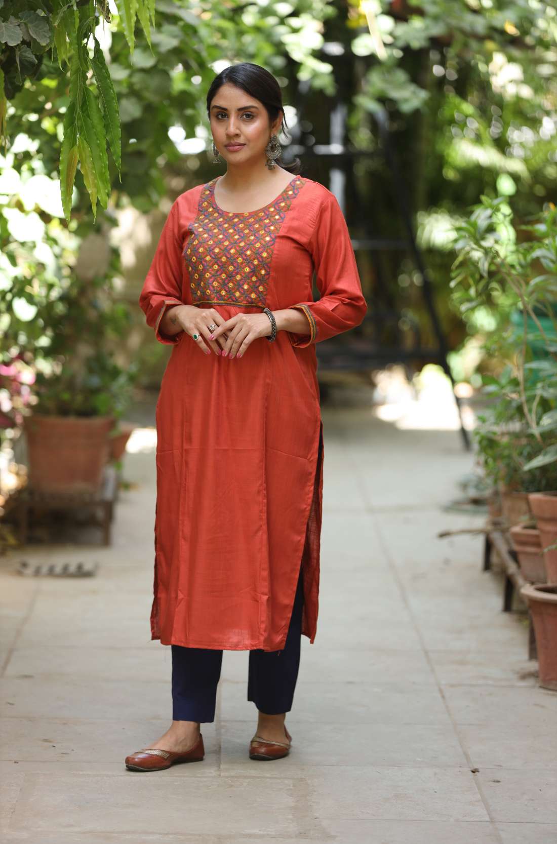 Rust Embroidered Straight Kurta – Front View
