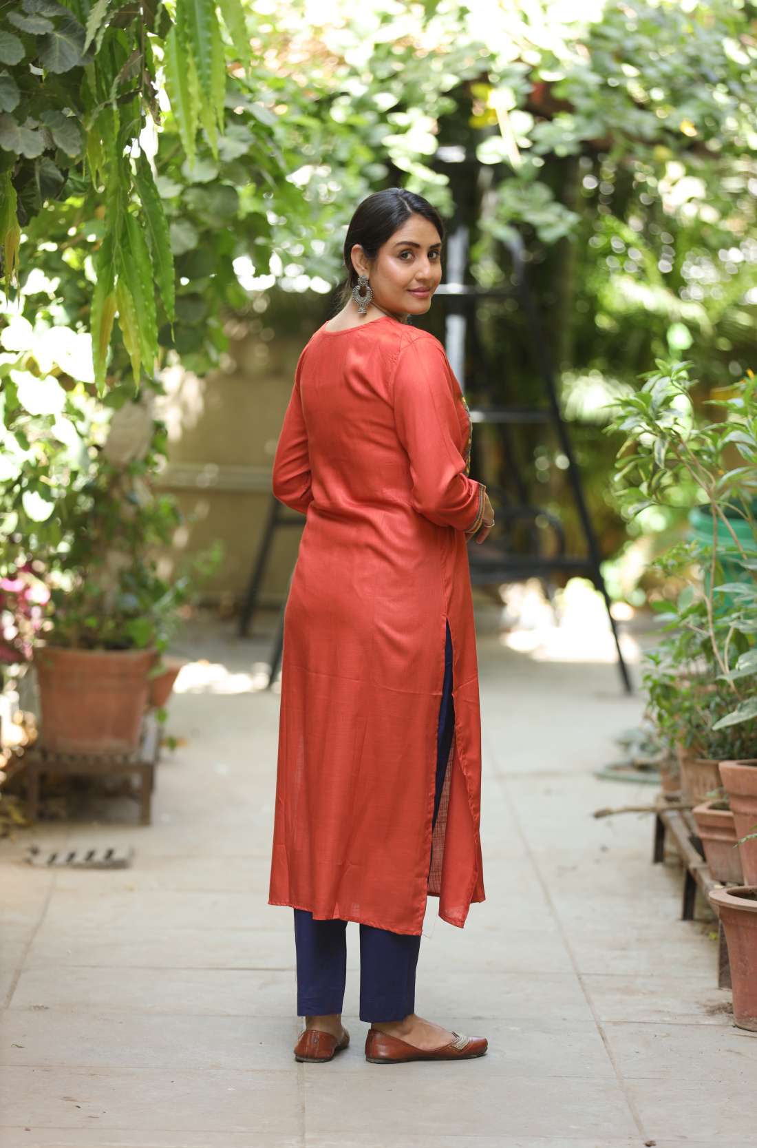 Rust Embroidered Straight Kurta – Back View