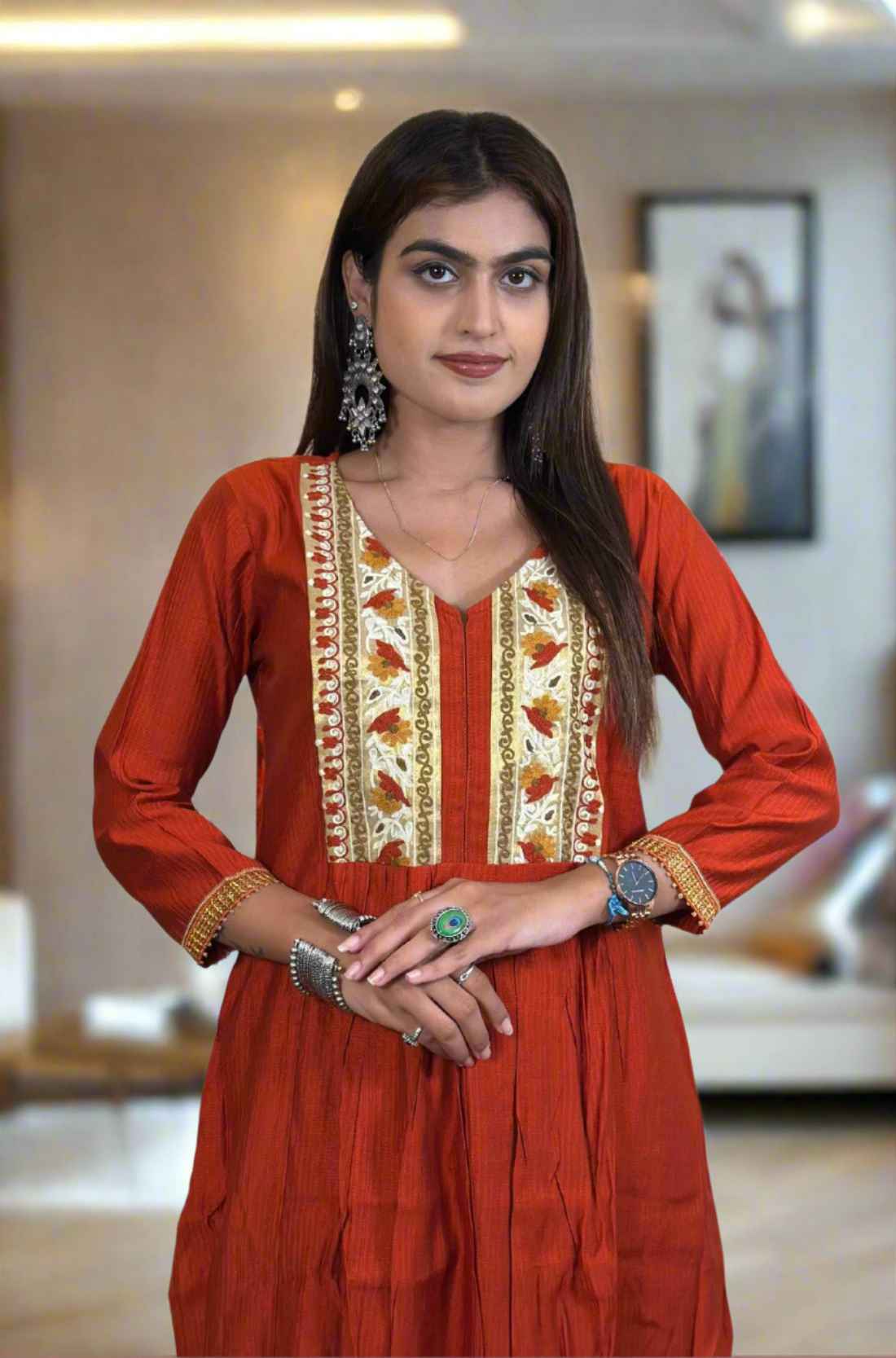 Close-up view – Hand embroidered berlin silk Rust Aline kurta