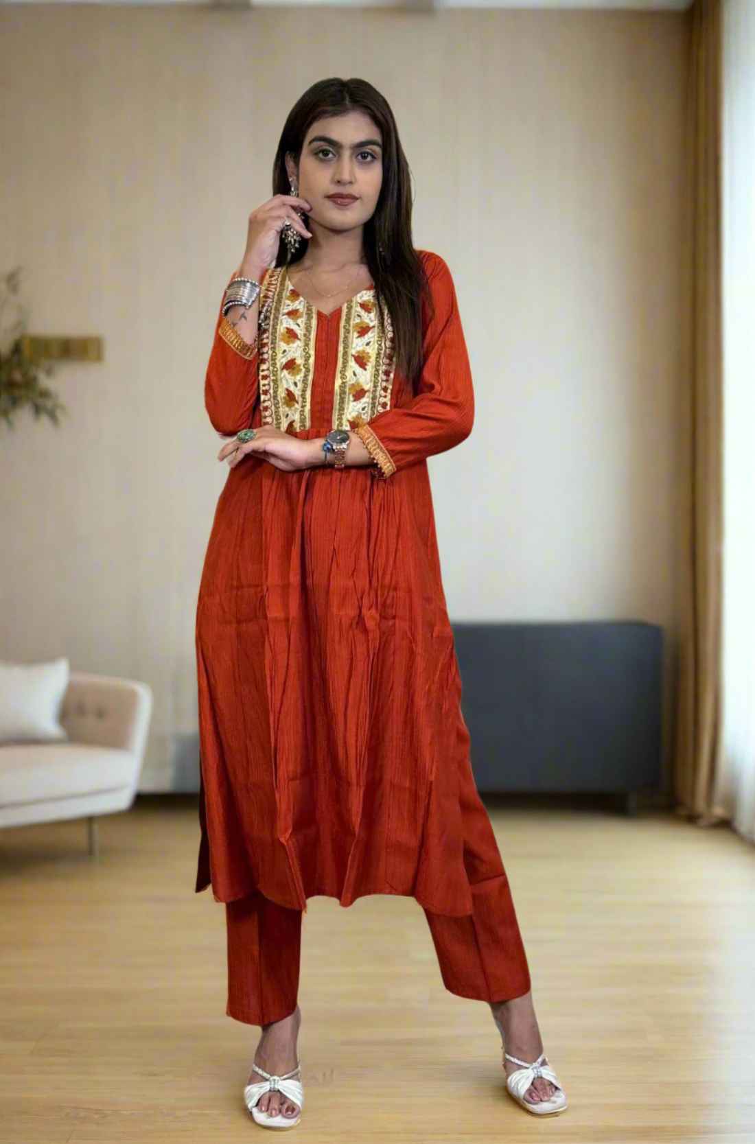 Front View – Hand embroidered berlin silk Rust Aline kurta