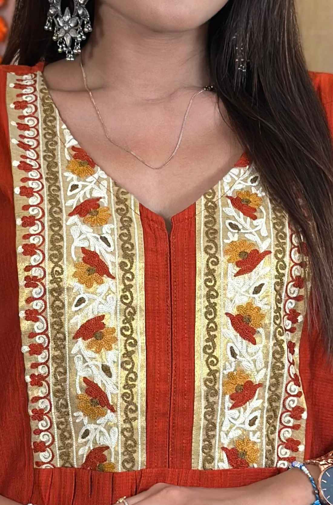 Detailing Close-up – Hand embroidered berlin silk Rust Aline kurta