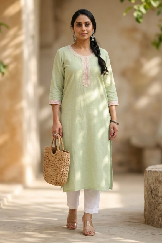 Sea Green Cotton Blend Kurta Full Length View