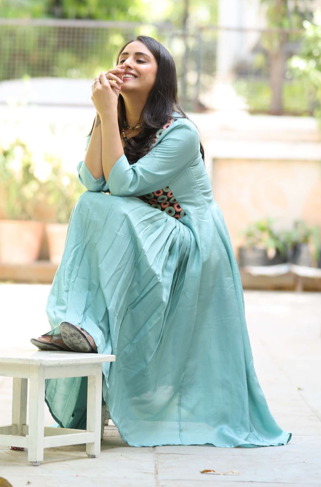 Sea Green Flared Kurti – Sitting Pose View