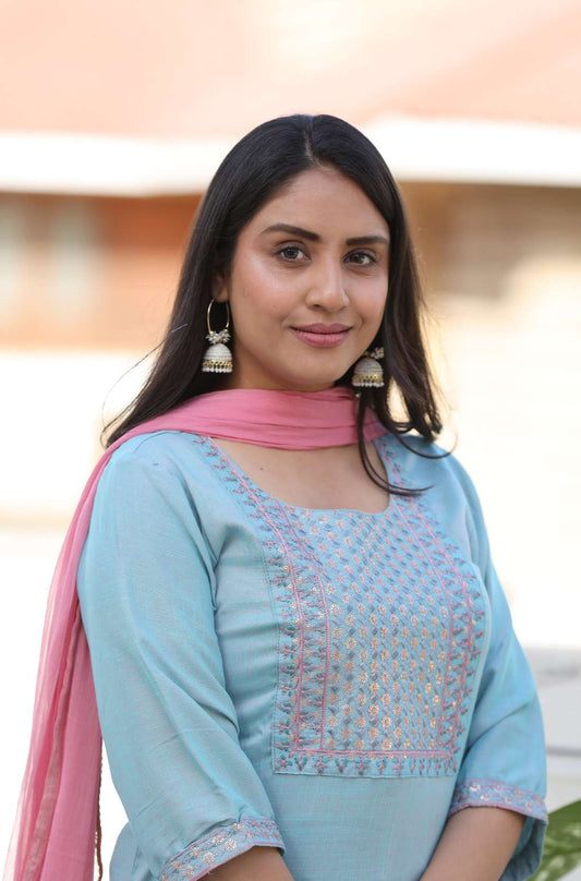 Sky Blue Embroidery Detailing on Kurta  – Close-Up