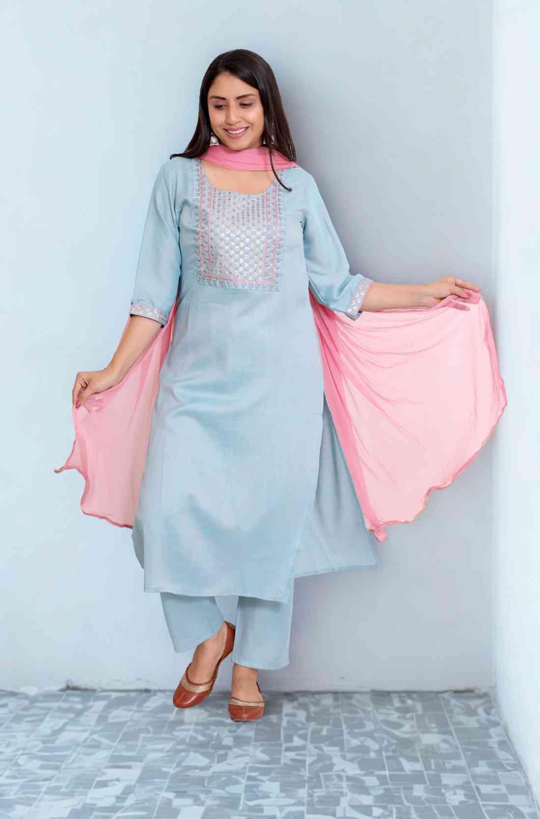 Sky Blue Embroidered Kurta Set with Dupatta – Front View