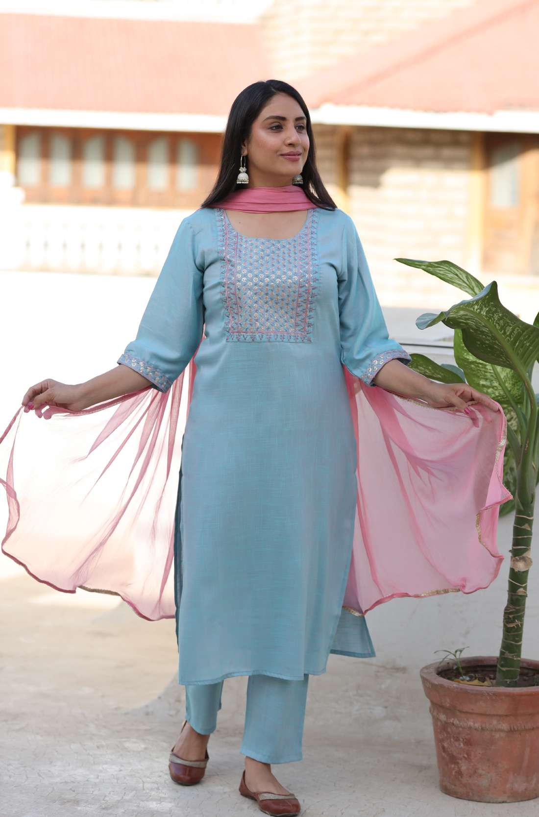 Sky Blue Embroidered Kurta Set – Flared Hem View