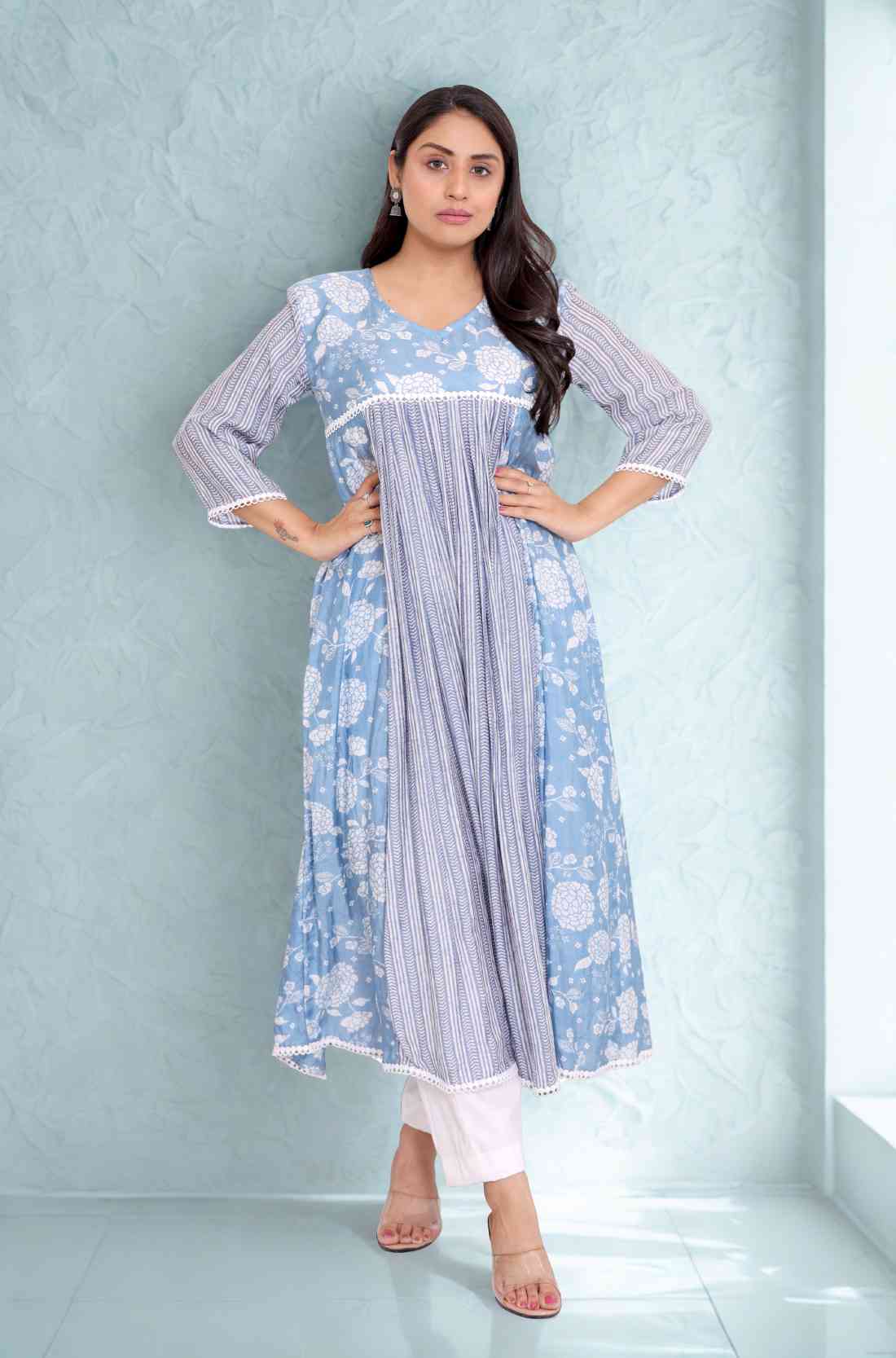 Sky Blue White Muslin Flared Kurti – Front View