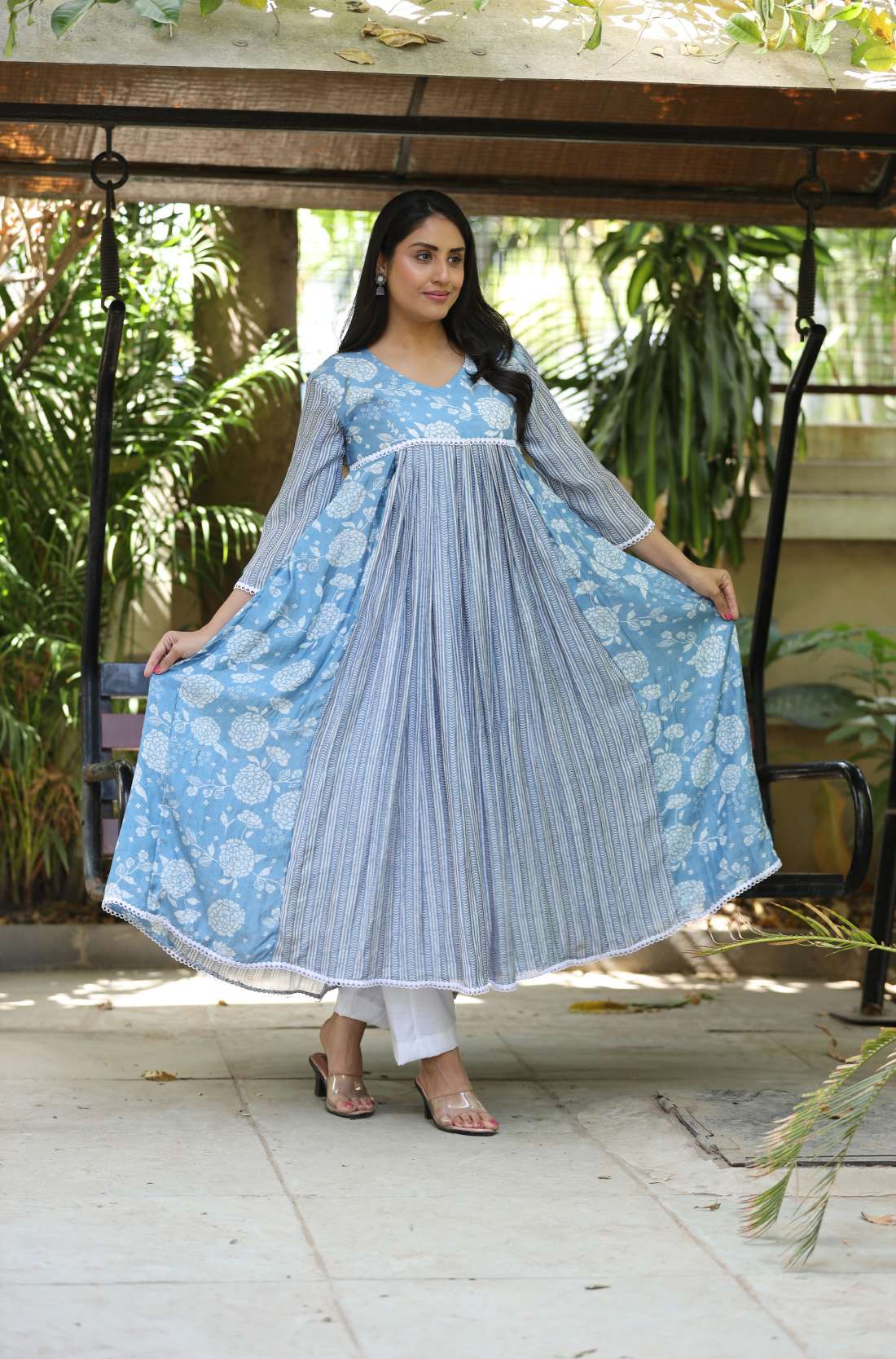 Sky Blue White Muslin Flared Kurti – Flared Hem View