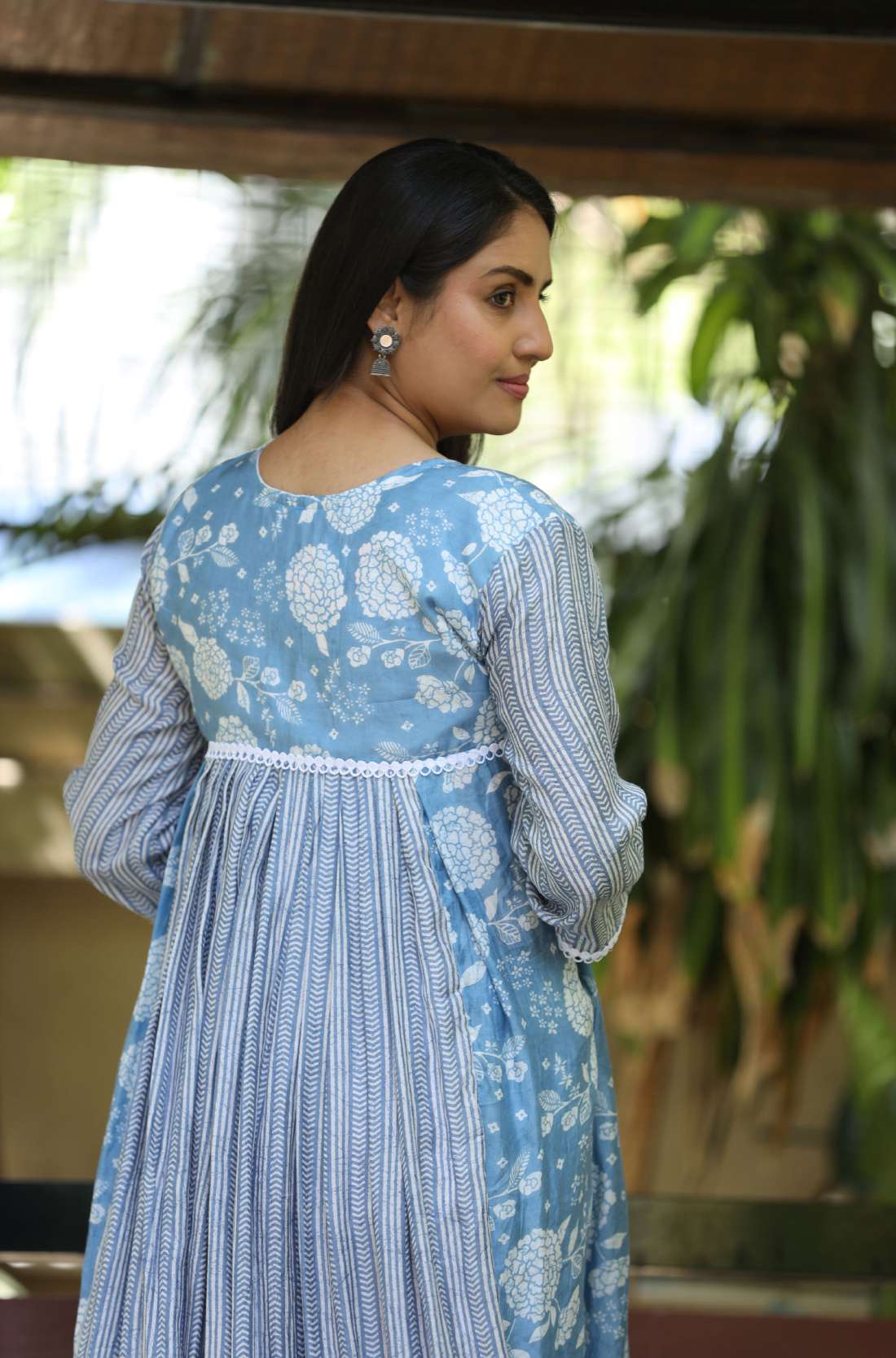 Sky Blue White Muslin Flared Kurti – Back View