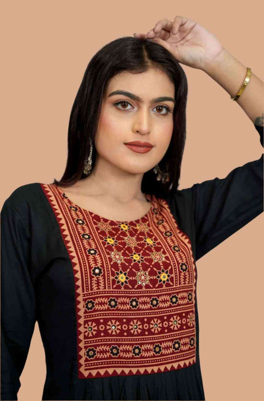 Block Print and Hand Embroidery on Black Kurta – Close-Up View