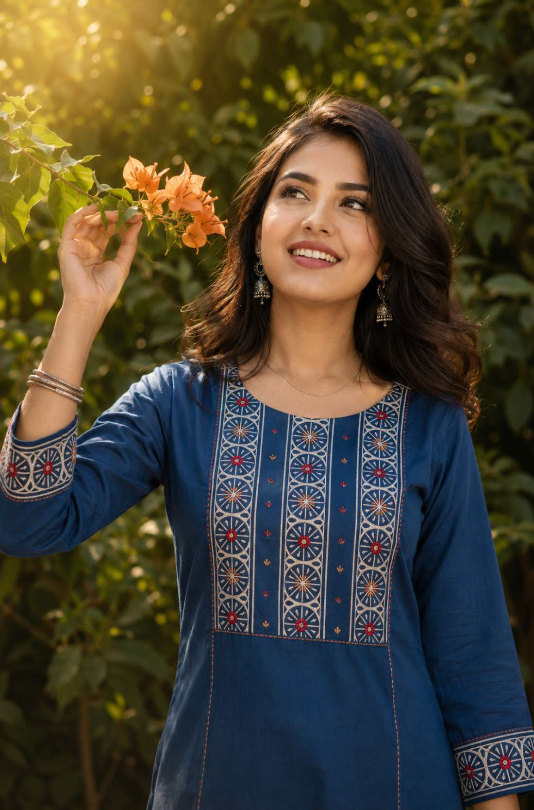 Close-up of the hand block printed yoke with decorative mirror work on an indigo pure cotton kurta.