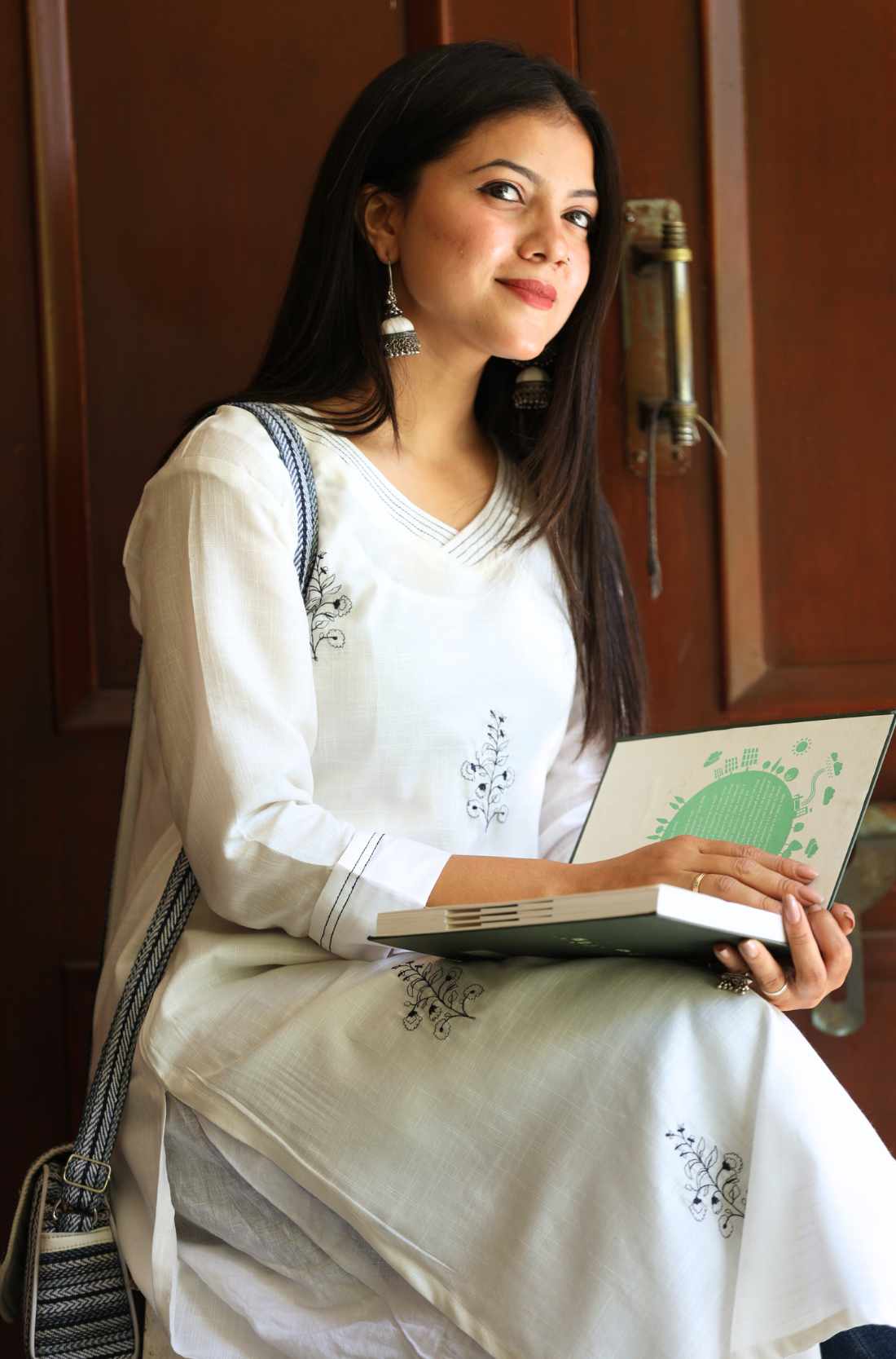 White Pure Cotton Kurta – Sitting Pose View