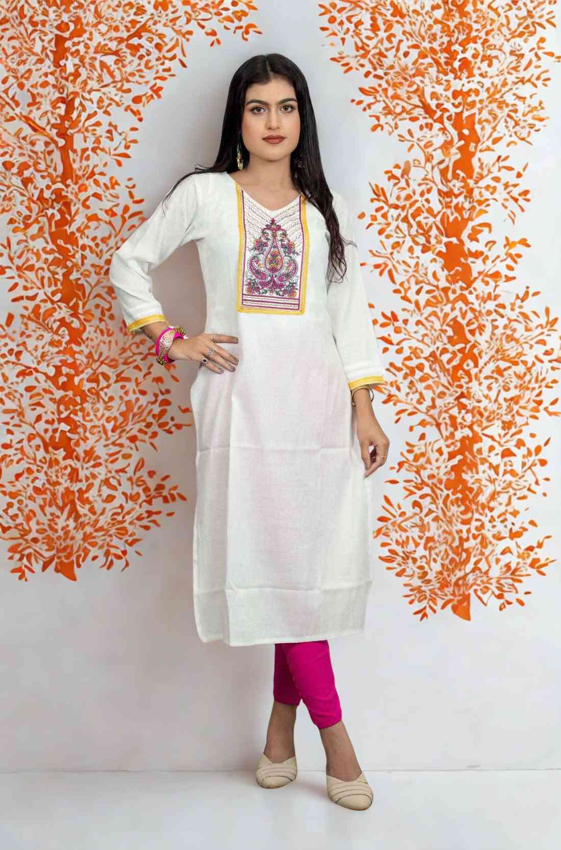 Off White Cotton Embroidered Straight Kurta – Front View