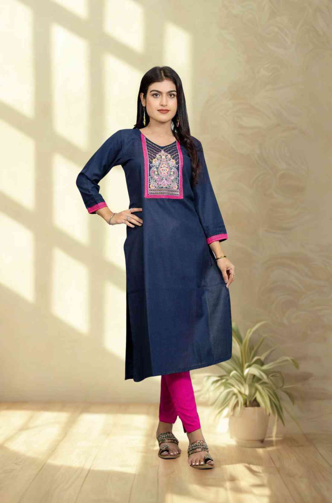 Navy Blue Cotton Embroidered Straight Kurta – Front View