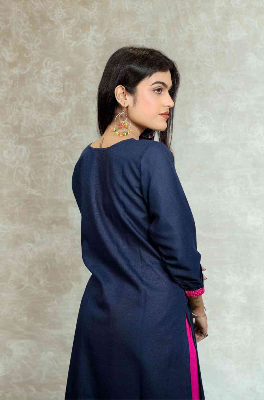 Navy Blue Cotton Embroidered Straight Kurta – Back View