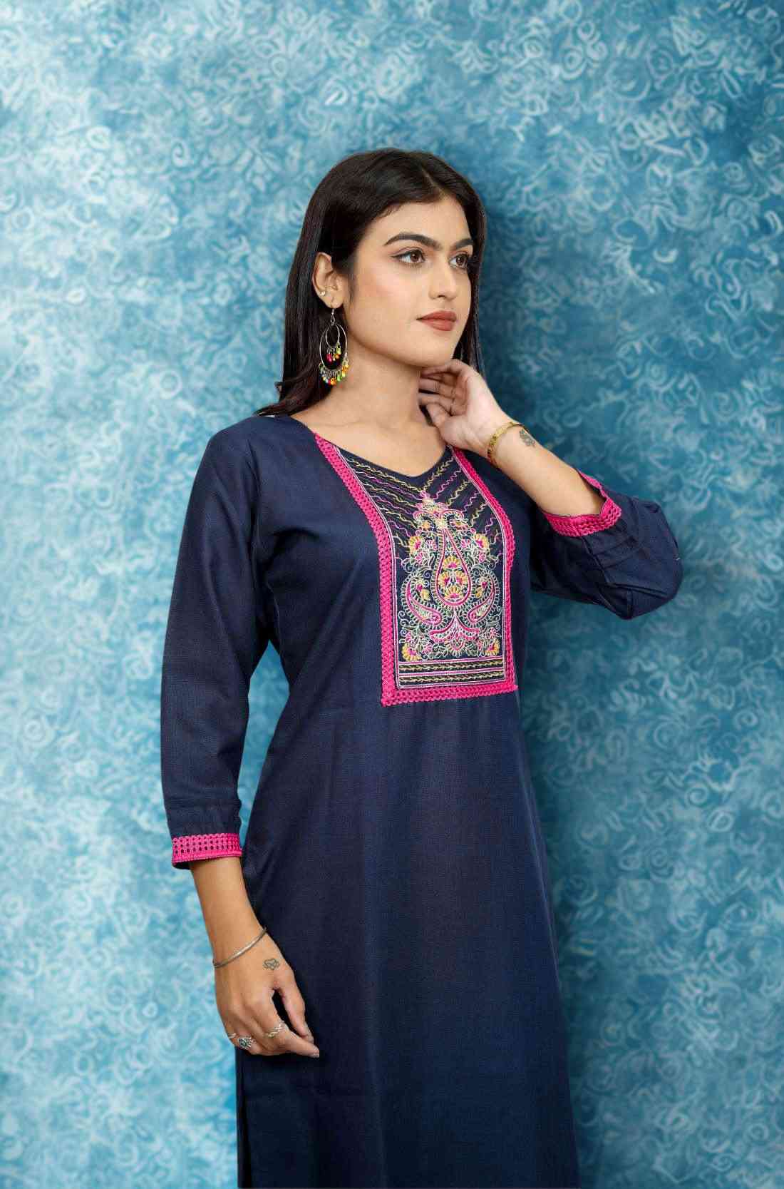 Navy Blue Cotton Embroidered Straight Kurta – Side View