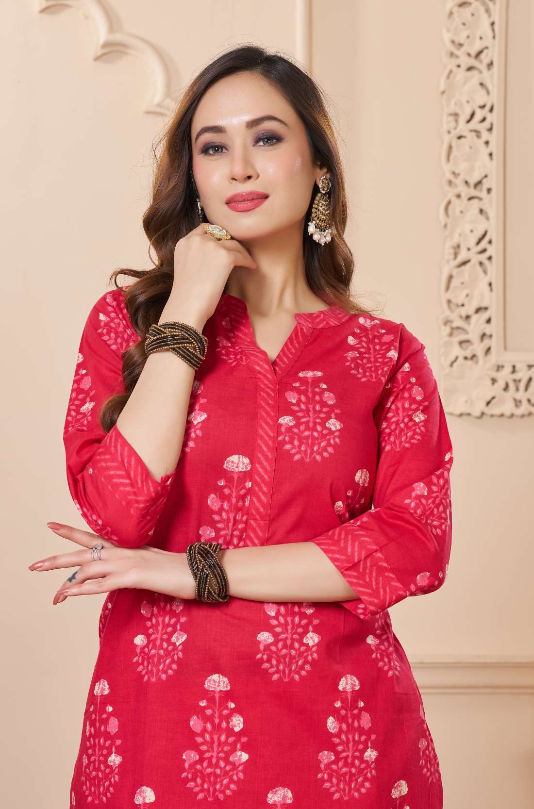 High-detail shot of the wine-purple kurta - focusing on the horizontal geometric thread work - and the textured finish of the cotton-silk blend.