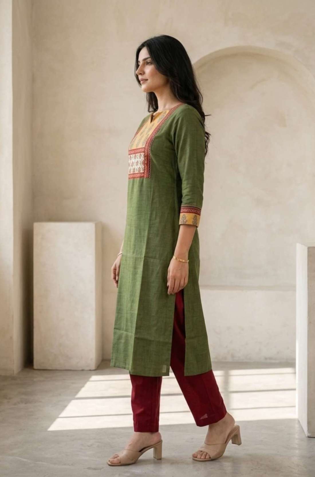 Side profile of women's dark green cotton hand block print kurti featuring side slits, three-quarter sleeves with contrast borders, and a straight-fit silhouette.