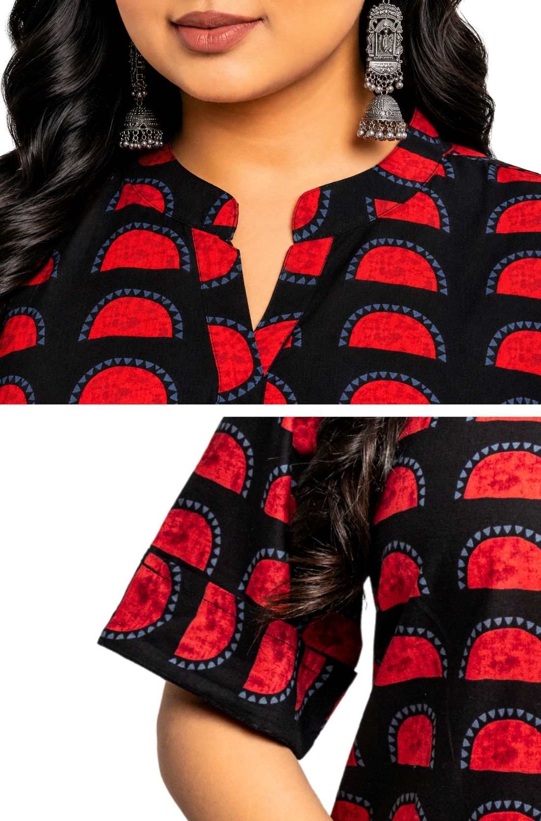 Black & Red Block Print Pure Cotton Short Kurti for Women