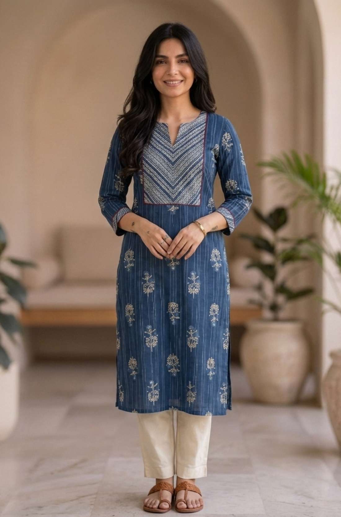 Front view of women's indigo pure cotton straight-fit kurta featuring a round neckline, diagonal striped contrast yoke with red piping, white floral hand block print motifs, and three-quarter sleeves.