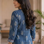 Back view of women's indigo pure cotton straight-fit kurta with white floral hand block print motifs, three-quarter sleeves, side slits, and a clean back design.