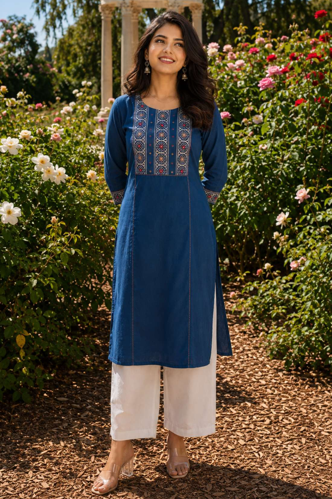 Woman wearing an indigo pure cotton hand block print kurta with mirror work yoke, round neckline and three-quarter sleeves.