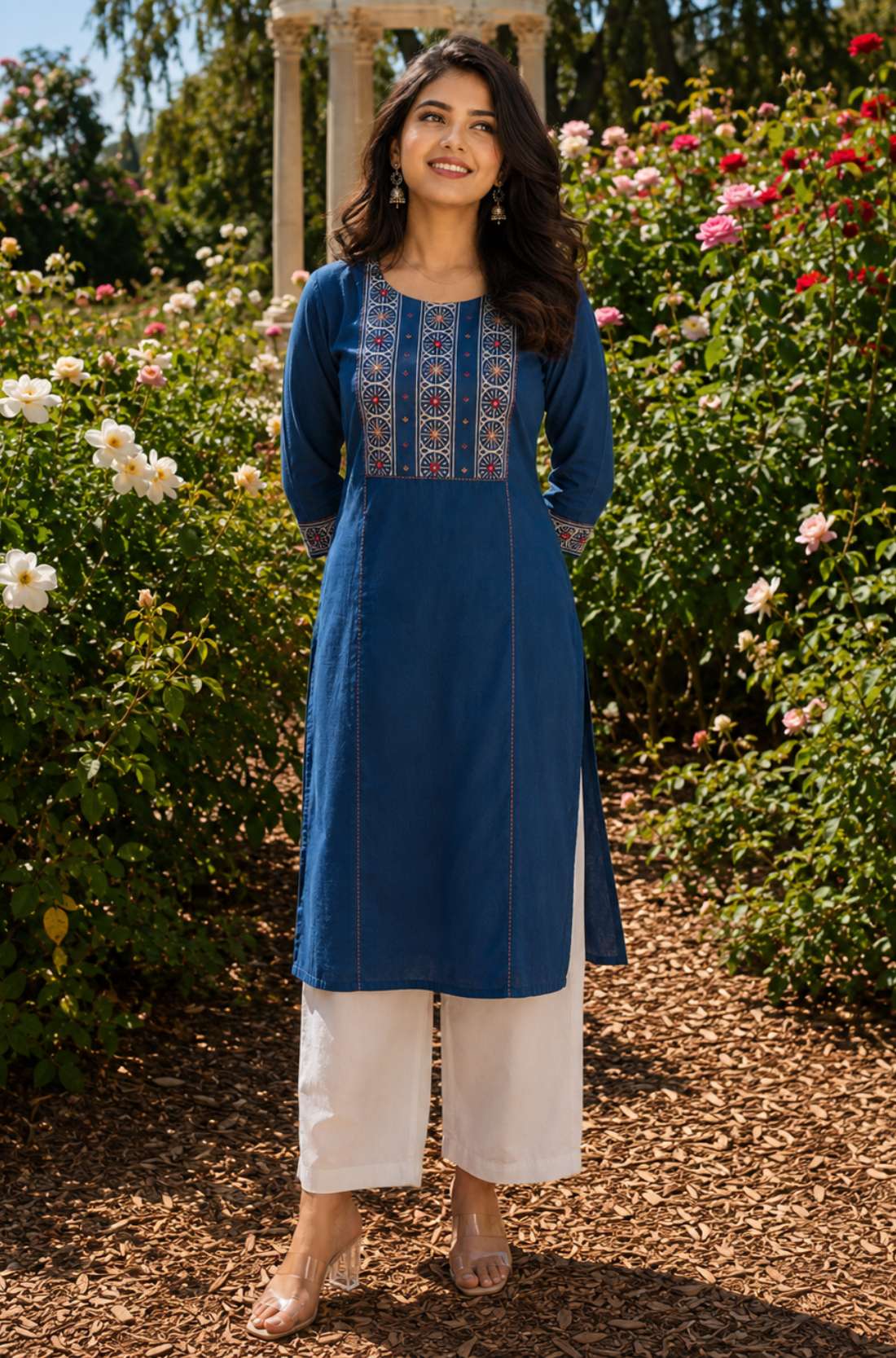 Woman wearing an indigo pure cotton hand block print kurta with mirror work yoke, round neckline and three-quarter sleeves.