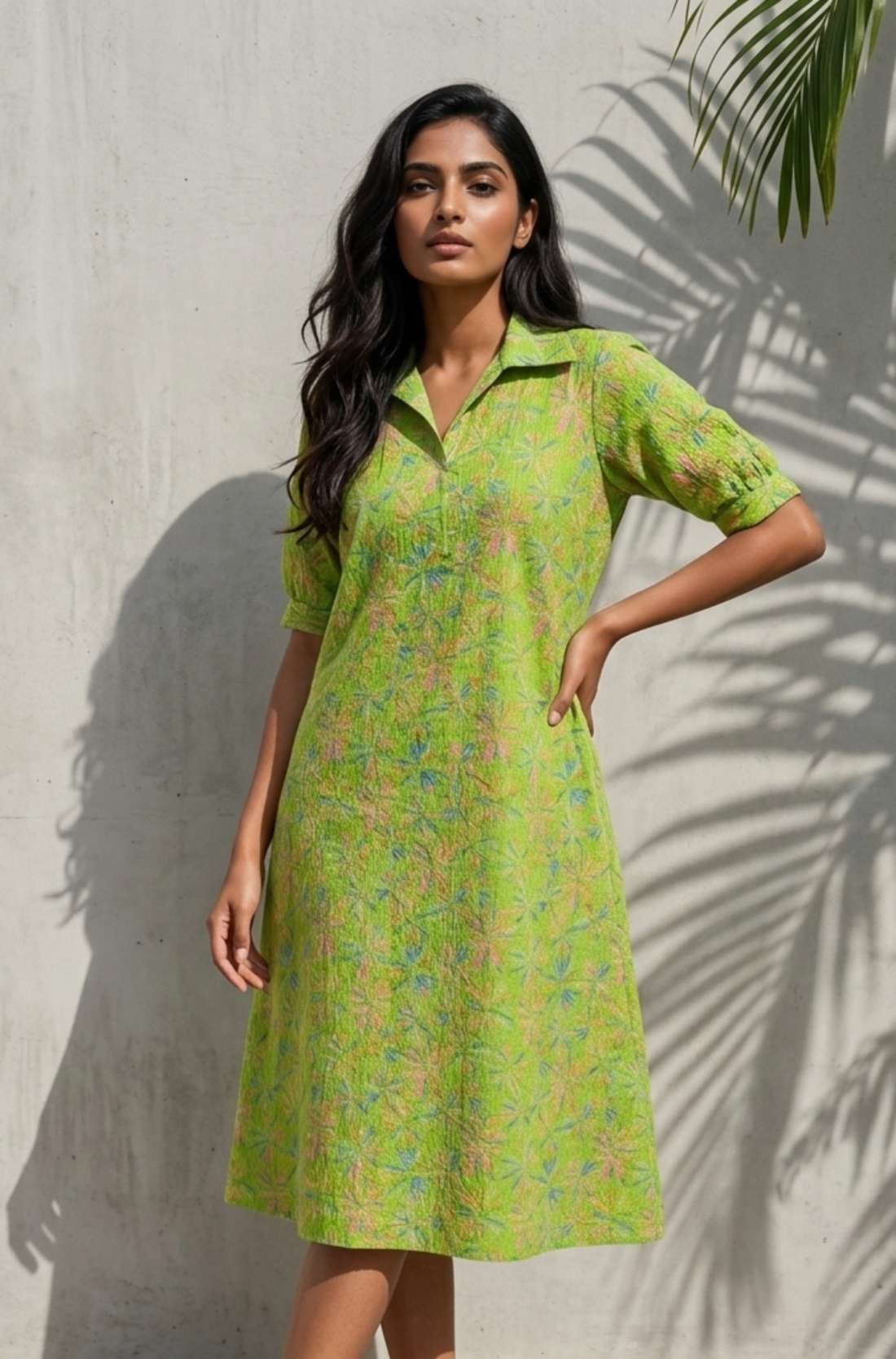 Lifestyle front view of a women's lime green pure cotton frock style dress featuring Jaipur floral print, Kantha stitch detailing, collar neckline, elbow sleeves, and one pocket.