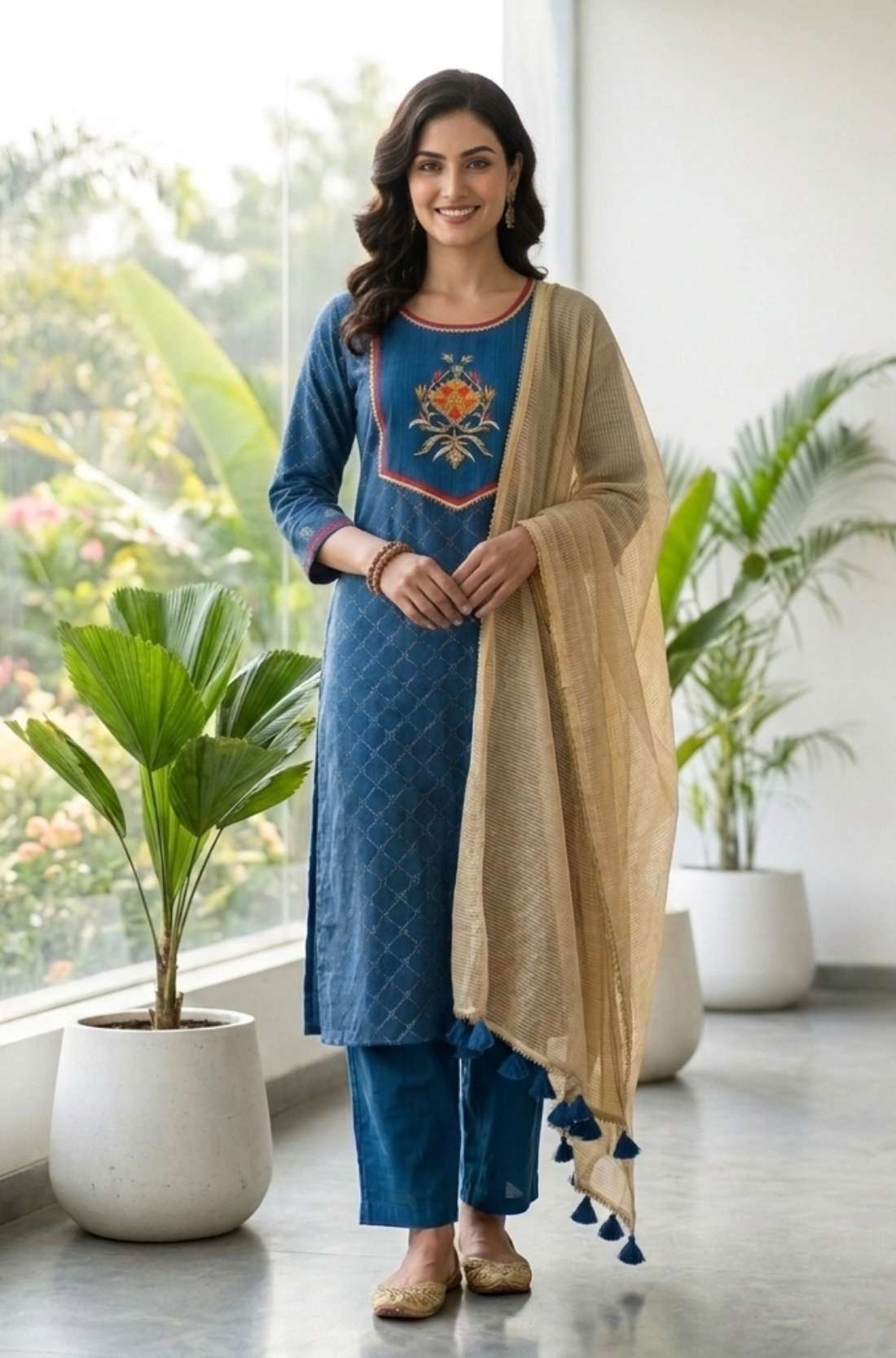 Full-length indoor view of the royal blue crepe kurta set with matching trousers and gold tassel dupatta.