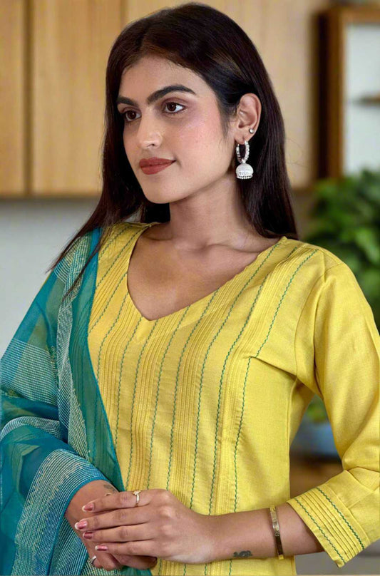 Close-up – of kurta neckline and embroidery.