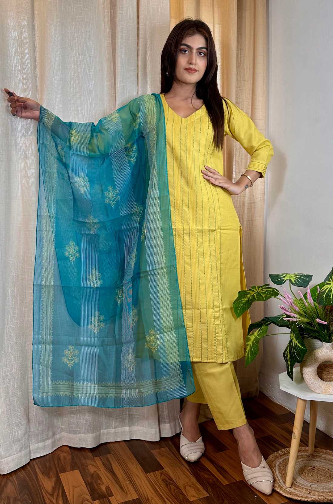 Front Pose – Yellow cotton pintucks kurta with blue dupatta